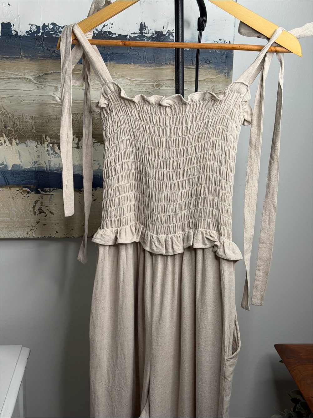 Whimsy + Row Neutral Smocked Ruffle-Neck Jumpsuit - Picture 7 of 9